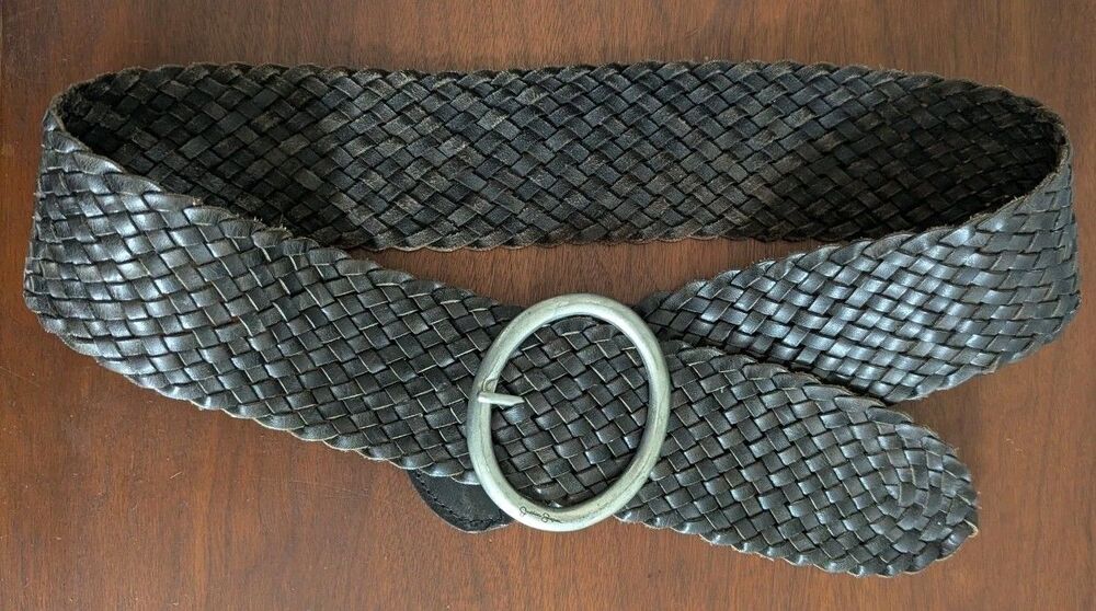 Y2K Wide Braided Leather Belt Brown Boho Woven Circle Buckle L Jessica Simpson